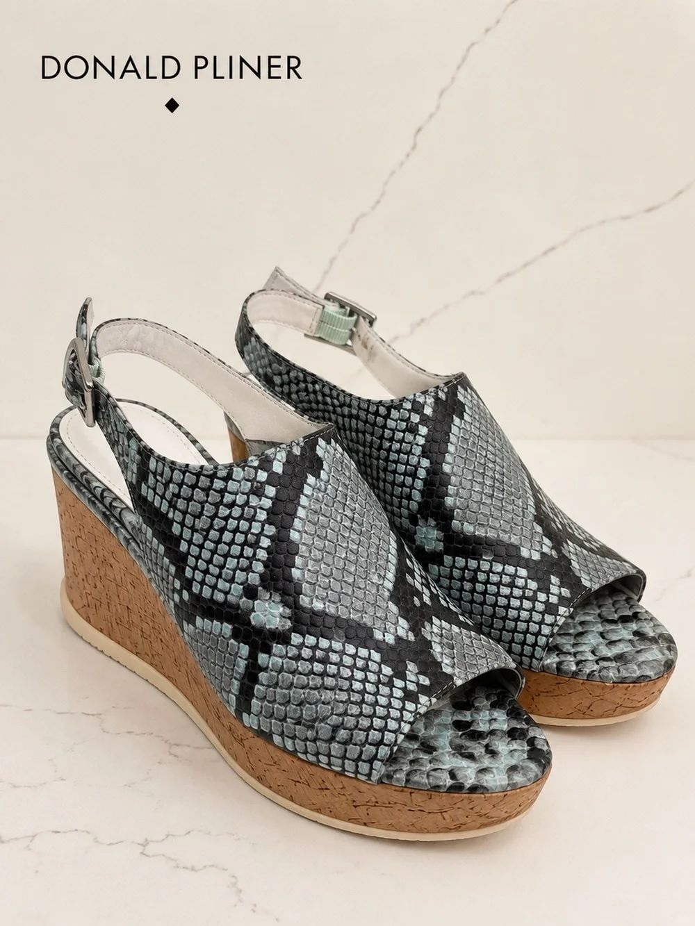 Donald J. Pliner Light Blue Snake-Print Cork Wedge Sandals